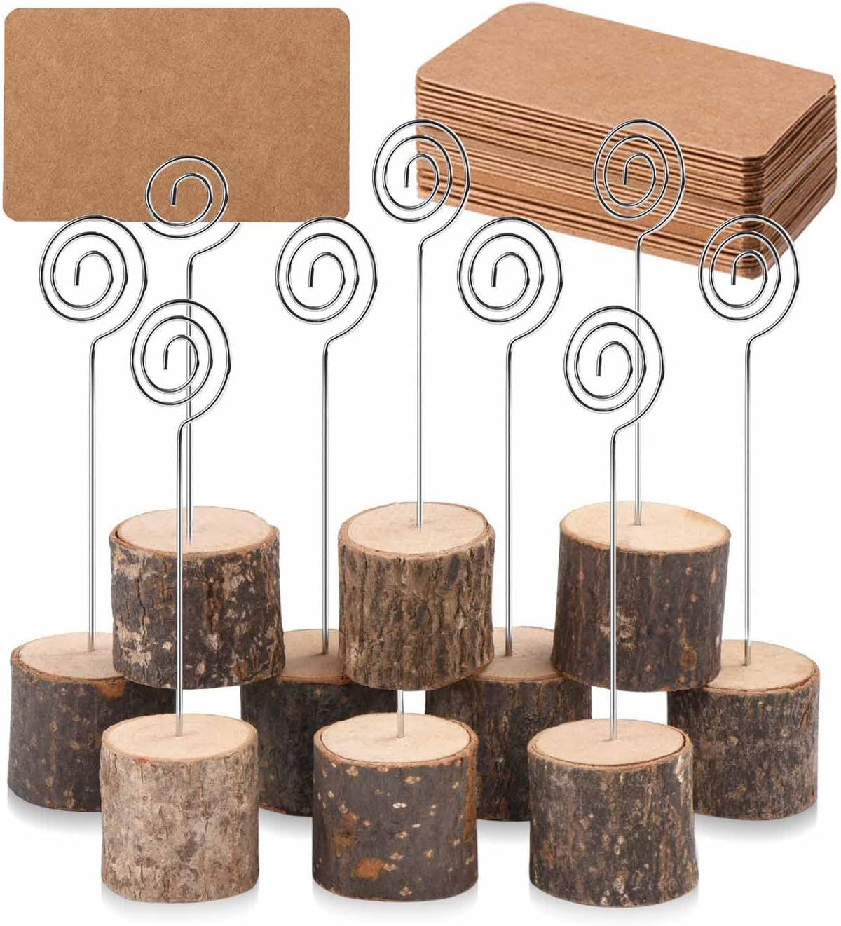 Toncoo 10Pcs Premium Wood Place Card Holders with Swirl Wire and 20 Pcs Kraft Place Cards, Rustic Wood Table Number Holders Stands, Name Cards Photo Holders for Wedding Party Sign Food Cards Label