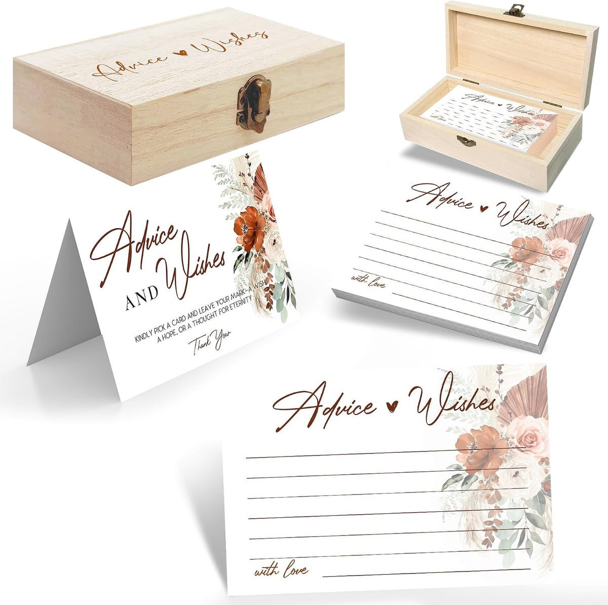 Boho Wedding Advice and Wishes Cards with Wood Box - 60 Pack 250GSM Pampas Grass Mr and Mrs Message Cards - Terracotta Bridal Shower Decorations, Engagement Party Guest Book Alternative