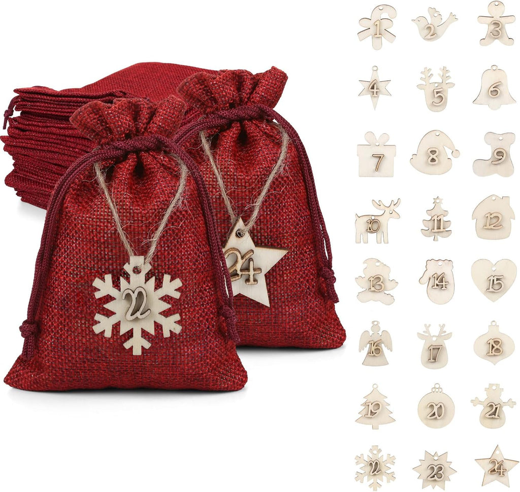 Naler Christmas Advent Calendar 2026, 24 Pcs Drawstring Gift Bags, Red
