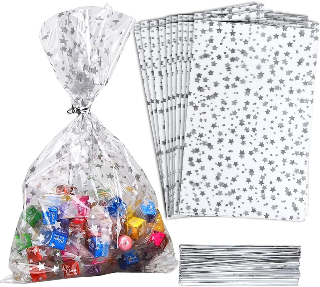 100 Pcs Star Printed 5"X 7" Gift Wrap Cello Cellophane Treat Bags Party Favor bags Clear Candy Cookie Bags Plastic Poly Goodie Storage Bags with Twist Ties for Bakery,Birthday, Wedding ,Party Decorations (Silver)