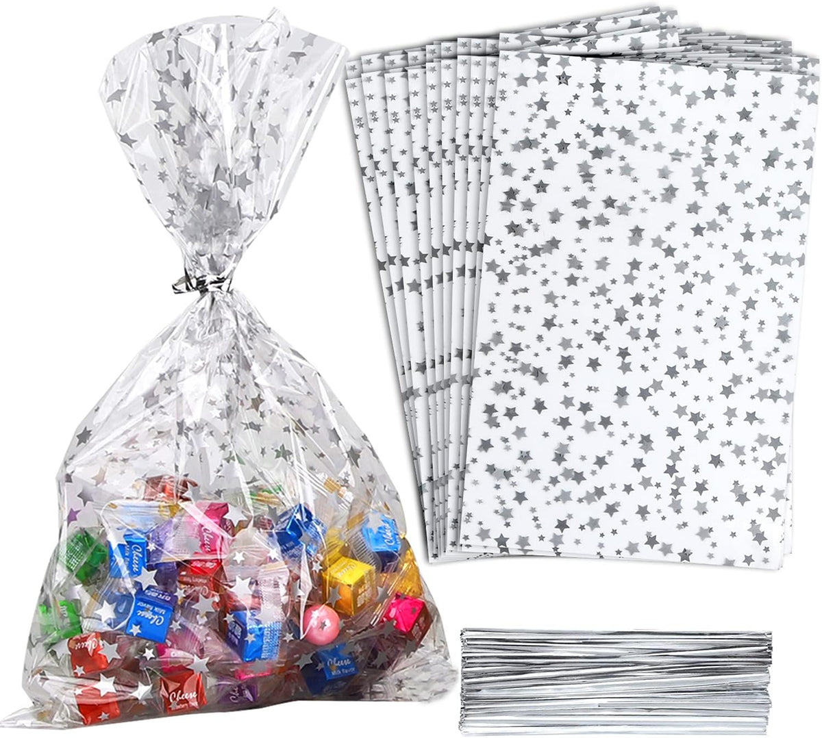 100 Pcs Star Printed 5"X 7" Gift Wrap Cello Cellophane Treat Bags Party Favor bags Clear Candy Cookie Bags Plastic Poly Goodie Storage Bags with Twist Ties for Bakery,Birthday, Wedding ,Party Decorations (Silver)