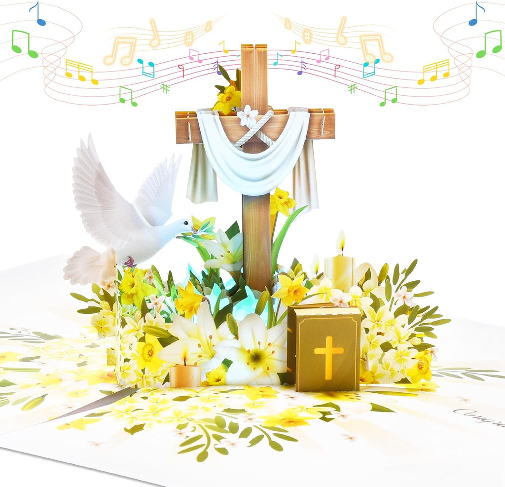 VIVIKEN Confirmation Pop Up Card with Lights, 3D Musical Religious Cards