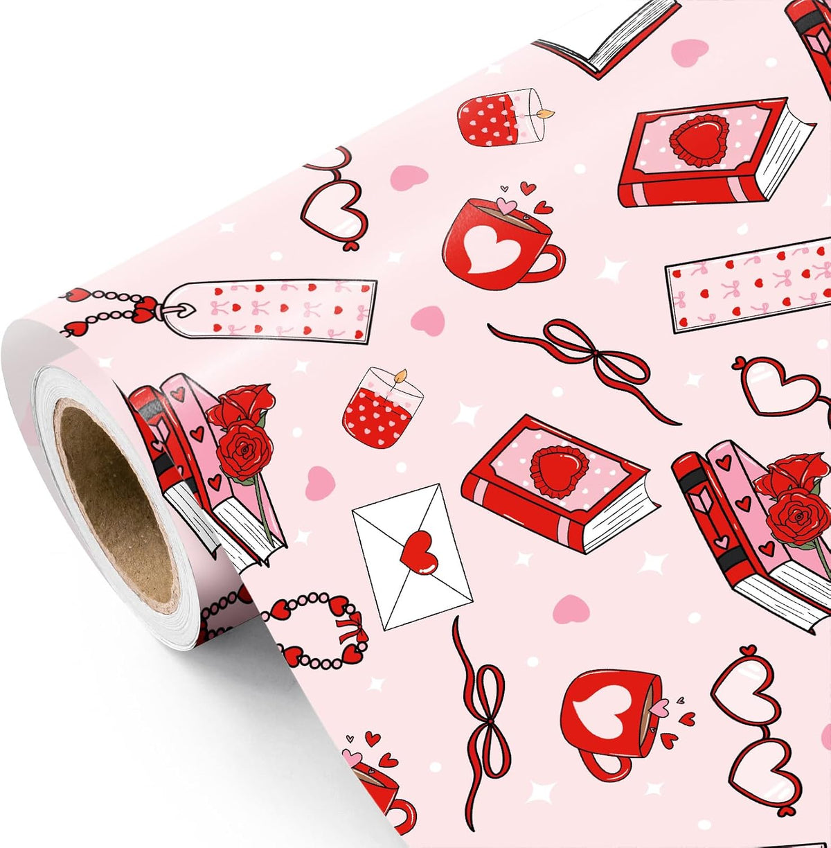WRAPAHOLIC Valentines Day Wrapping Paper Roll - Mini Roll - 17 Inch x 16.5 Feet - Pink Love Hearts, Roses, Book Wrapping Paper, Perfect for Valentine’s Day, Wedding, Anniversary