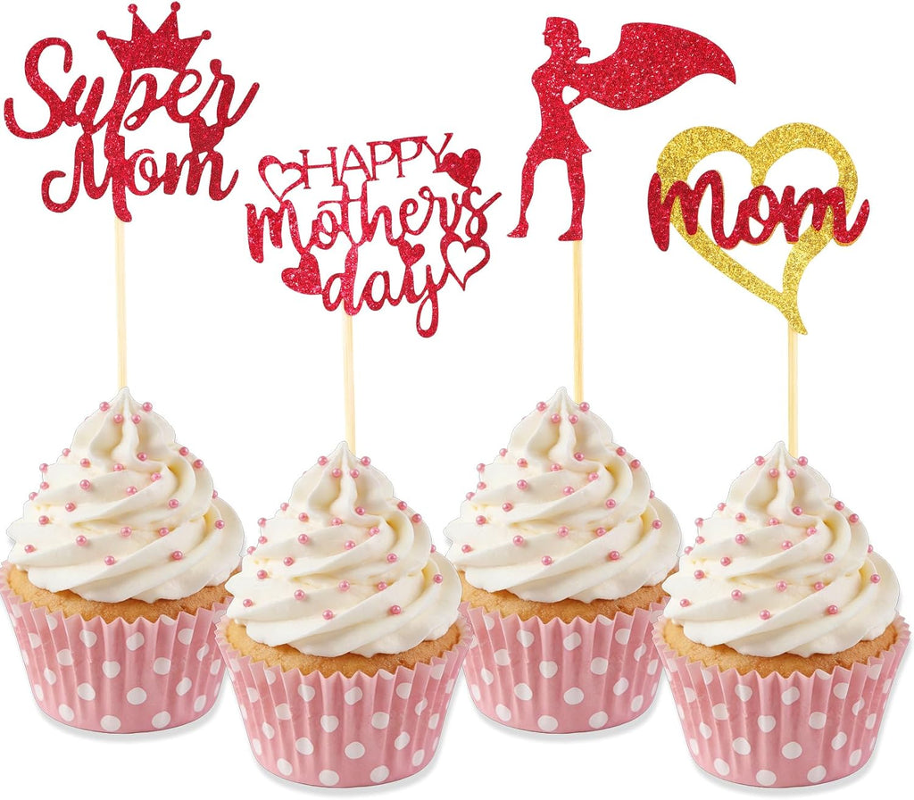 Mothers Day Cupcake Toppers, 24 PCS Mothers Day Party Decorations, Glitter Red Happy Mother's Day Super Mom Cupcake Toppers Cake Decorations Food Picks for Mother's Day Party Decoration Supplies