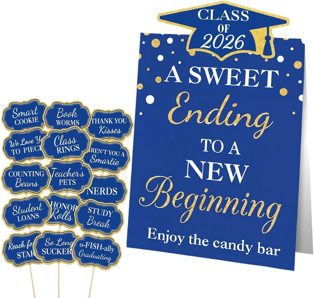 Spakon 24 Pcs Grad Candy Buffet Labels with Stand, Table Signs, Blue Gold