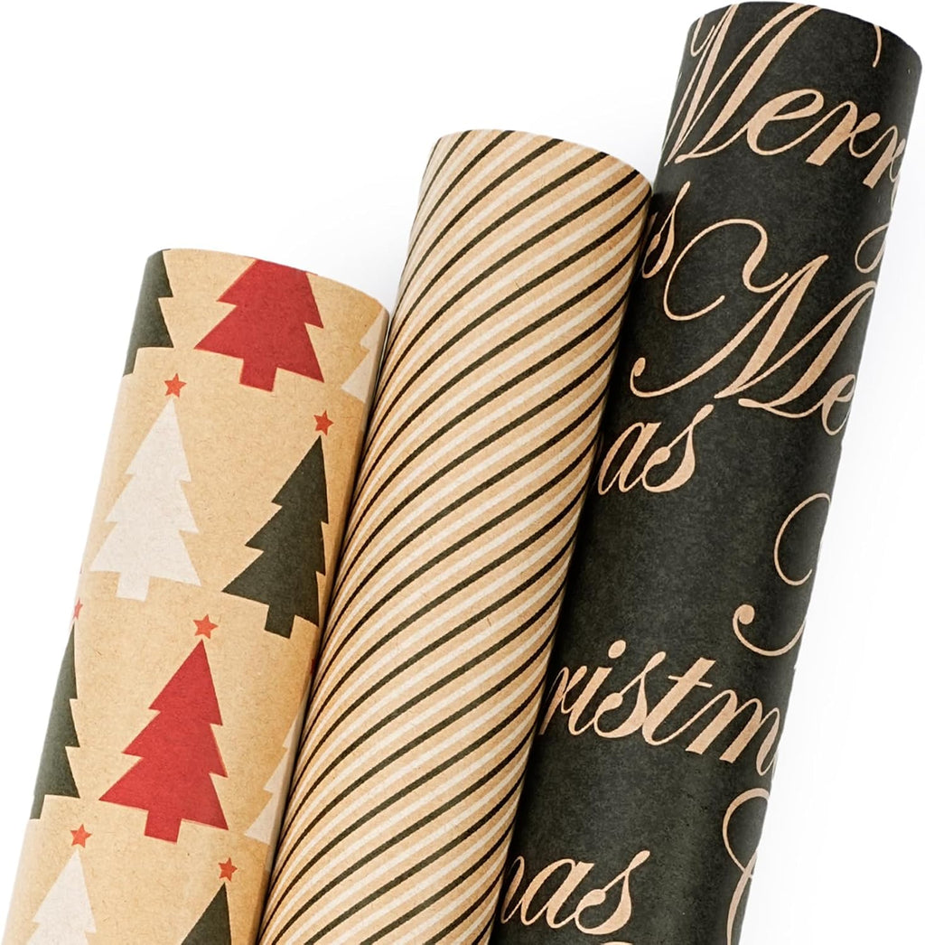 LaRibbons Kraft Christmas Wrapping Paper Set, Elegant Gift Wrap with Trees, Stripes & Merry Christmas, Black & Brown Holiday Paper with Cutlines for Xmas, Party Gifts, 17 inch x 10 ft -3 Rolls