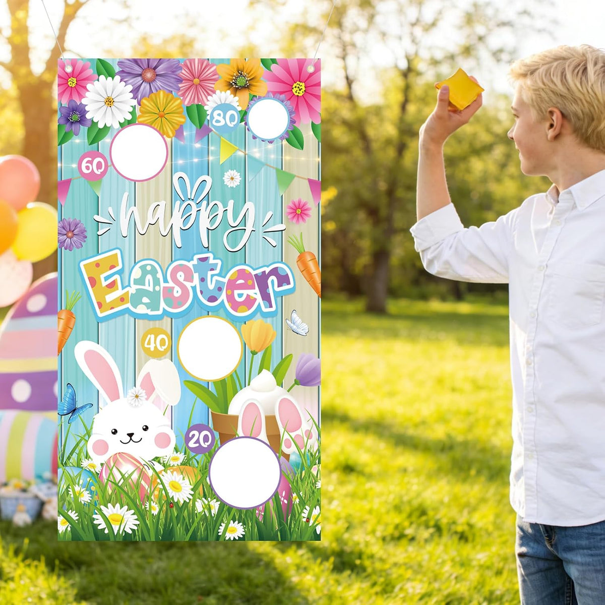 Easter Party Games Set Bean Bag Toss Game for Adults Banner with 4 Bean Bags for Tossing Bunny Egg Easter Party Decoration Indoor Outdoor Festive Decor