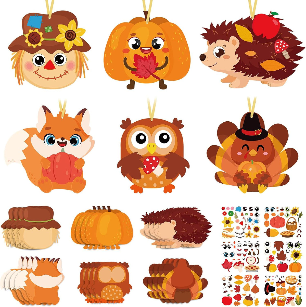 Pasimy 24 Sets Thanksgiving Crafts Kits DIY Fall Autumn Ornaments Turkey Scarecrow Pumpkin Owl Sticker Crafts Autumn Harvest Crafts Bulk Art Sets for Thanksgiving Party Favors Home Classroom