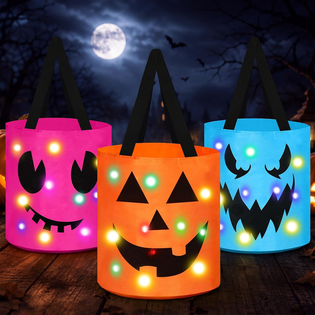 Sadnyy 3 Pcs Halloween Trick or Treat Bag Light Up,Orange,Pink,Blue