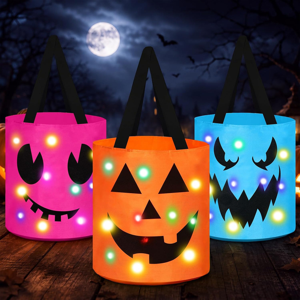 Sadnyy 3 Pcs Halloween Trick or Treat Bag Light Up,Orange,Pink,Blue