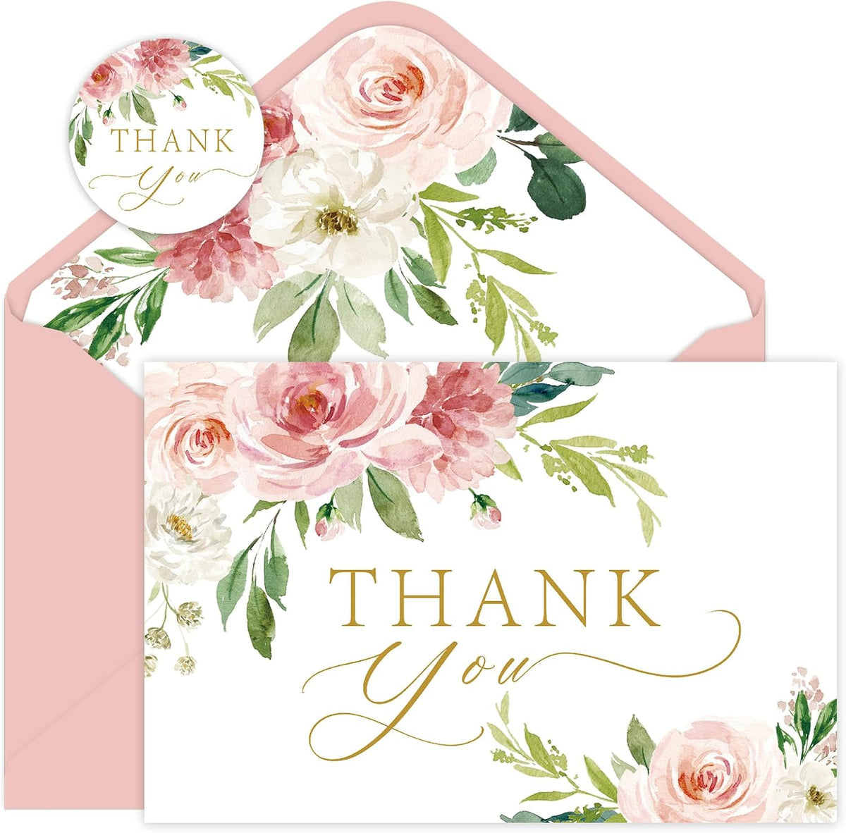 100 Pack Pink Thank You Cards with Envelopes, Floral Thank You Cards