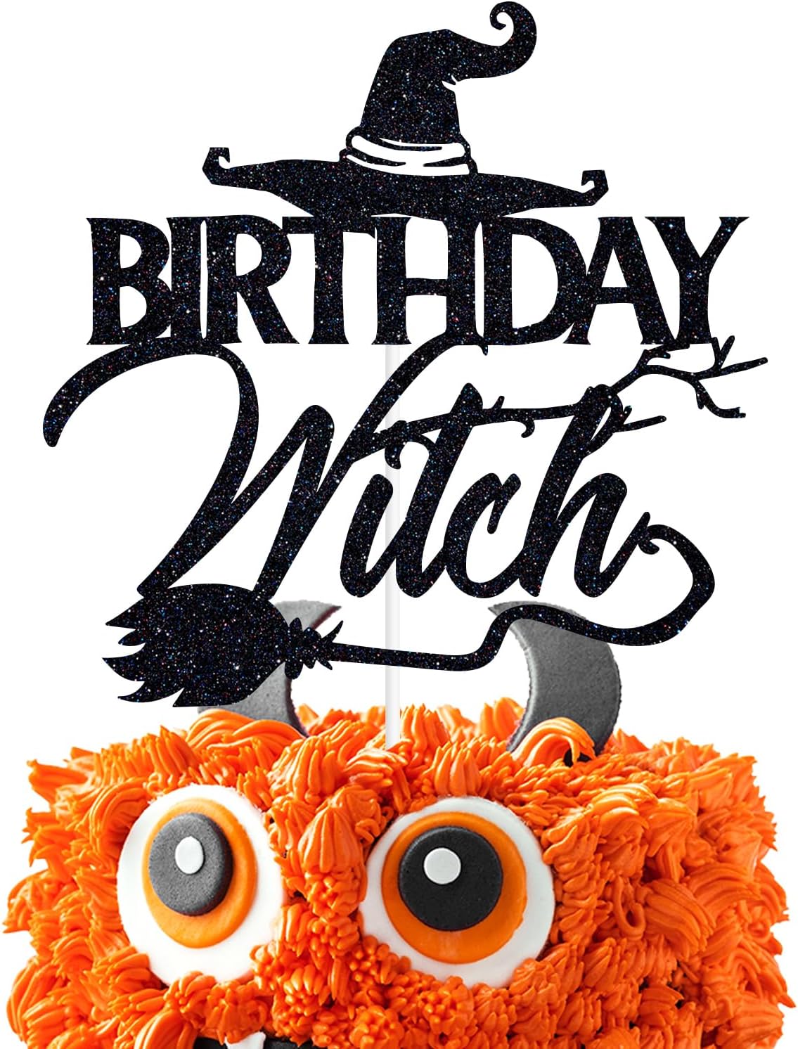 Black Glitter Birthday Witch Cake Topper, Happy Booday/Happy Halloween, Halloween Themed Birthday Party Decorations for Girls Women