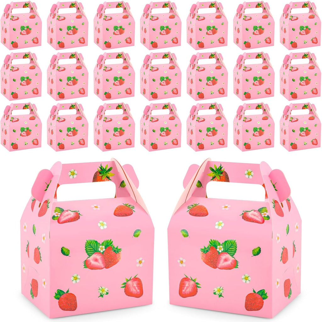 24 Pieces Strawberry Party Favor Boxes Gable Candy Treat Box Folding Paper Gift Box with Handles Fruit Party Favors for Strawberry Themed Sweet Birthday Party Baby Shower Wedding Decoration Supplies