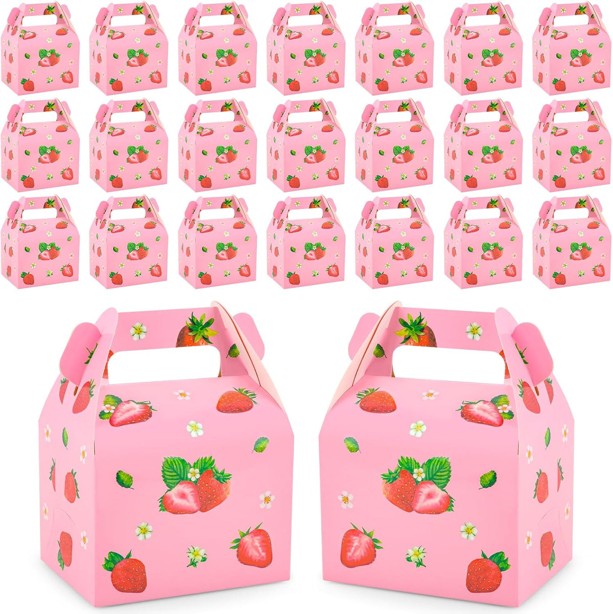 24 Pieces Strawberry Party Favor Boxes Gable Candy Treat Box Folding Paper Gift Box with Handles Fruit Party Favors for Strawberry Themed Sweet Birthday Party Baby Shower Wedding Decoration Supplies
