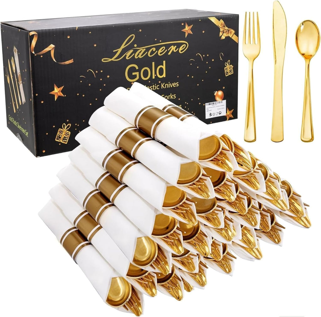 144 Pack Gold Premium Heavy Duty Plastic Silverware, 48 Forks, 48 Spoons, 48 Knives, For Catering, Parties, Dinners and Weddings, BPA-Free, Disposable Plastic Cutlery Set Utensils Set