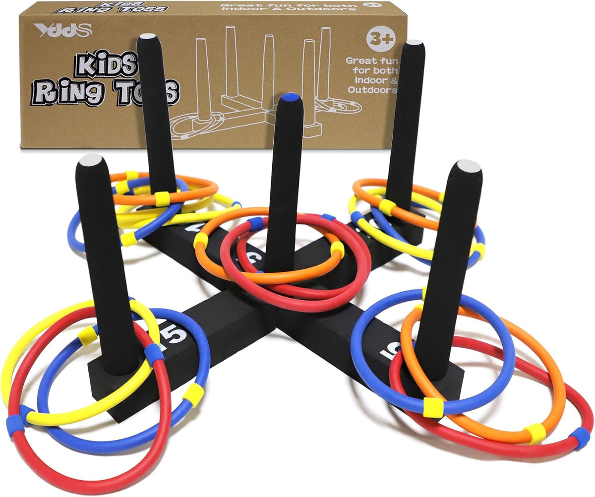 Ring Toss Game Indoor & Outdoor Game for Family and Adults with 5 Poles, 2 Bases and 16 Rings in 4 Colors, Soft Foam Toy Backyard Ring Toss Fun