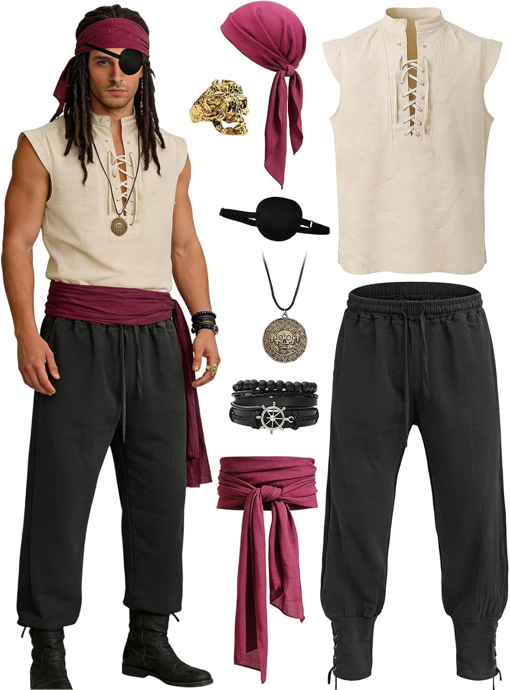 Verceco Mens Pirate Costume 8PCS Renaissance Sleeveless Shirt Ankle-Banded Pants Sash Belt & Accessories LARP Cosplay