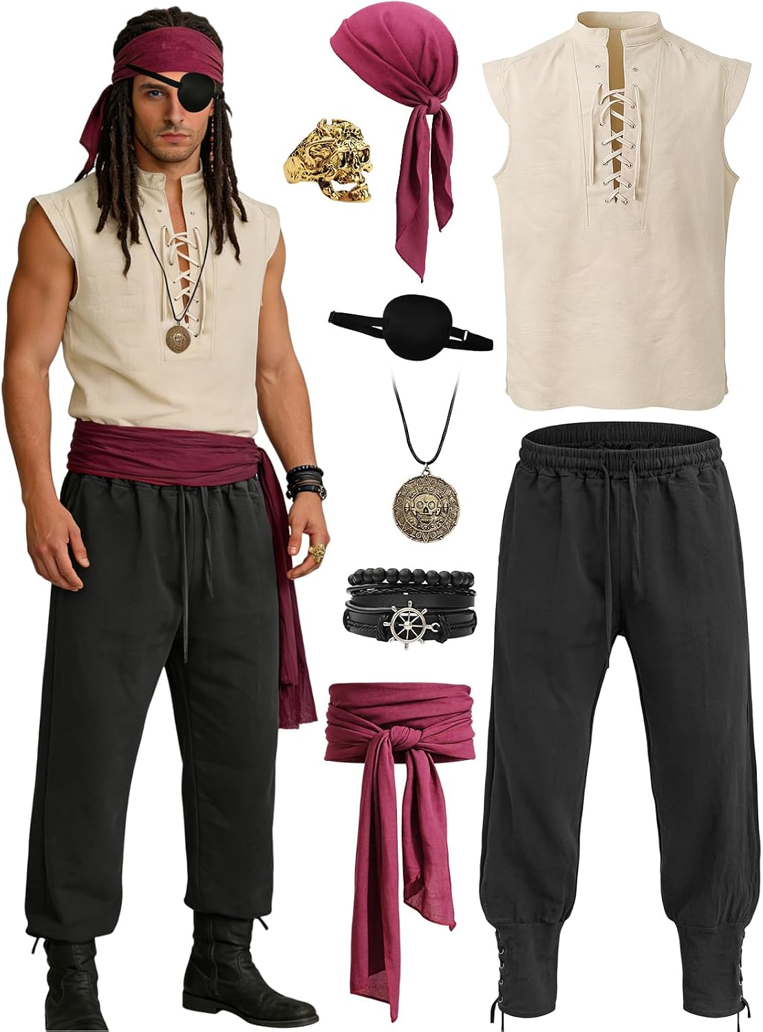 Verceco Mens Pirate Costume 8PCS Renaissance Sleeveless Shirt Ankle-Banded Pants Sash Belt & Accessories LARP Cosplay