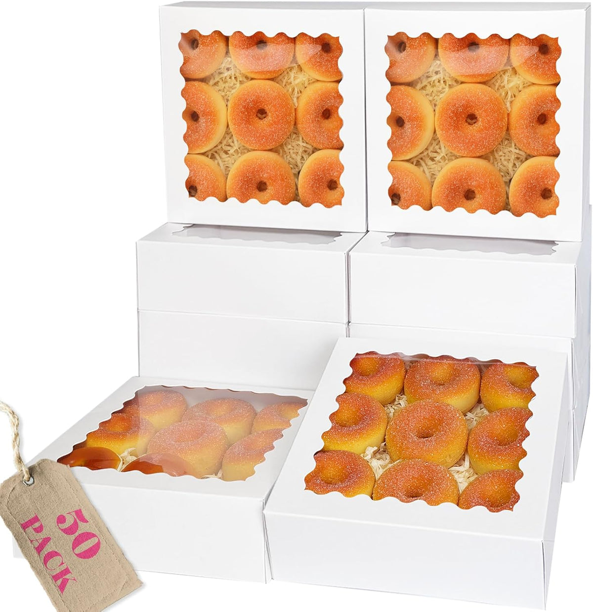 qiqee 10"x 10"x 2.5" White Pie Boxes with Window 50Packs Cookie Donut Bakery Box (Auto-pop Up)