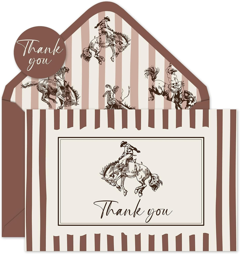 JarThenaAMCS 24Pcs Cowboy Thank You Cards with Envelopes Stickers Western Greeting Cards Beige Brown Striped Blank Note Card for Cowboy Birthday Country Party Supplies