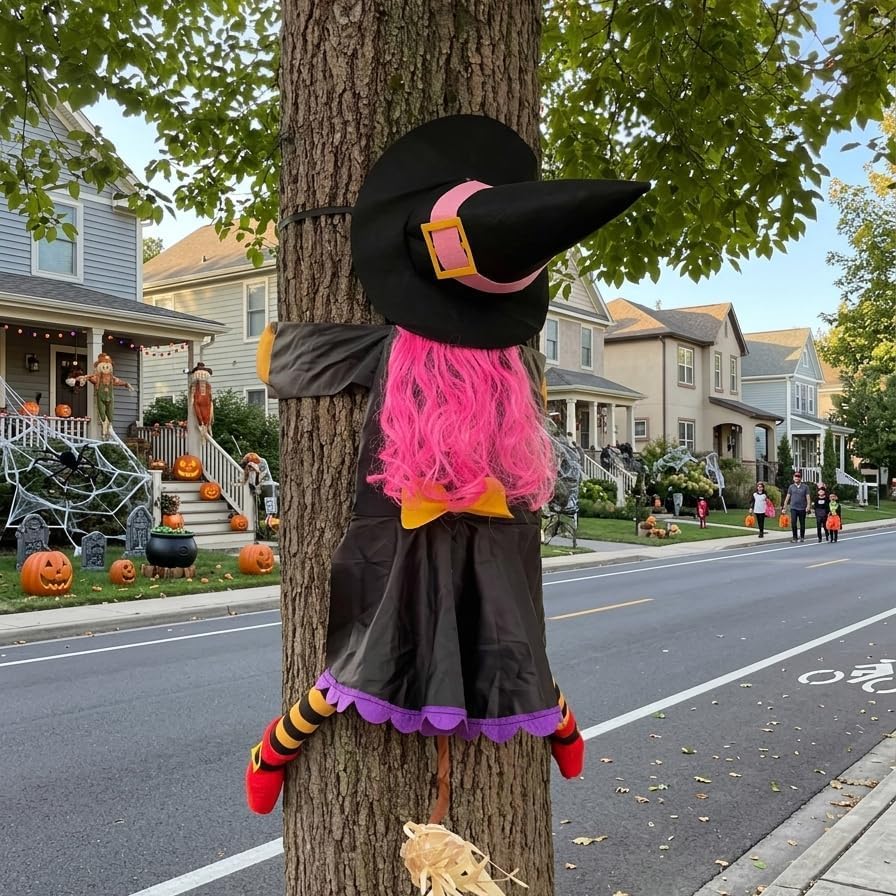 51" Pink Crashing Witch Halloween Tree Decorations Outdoor