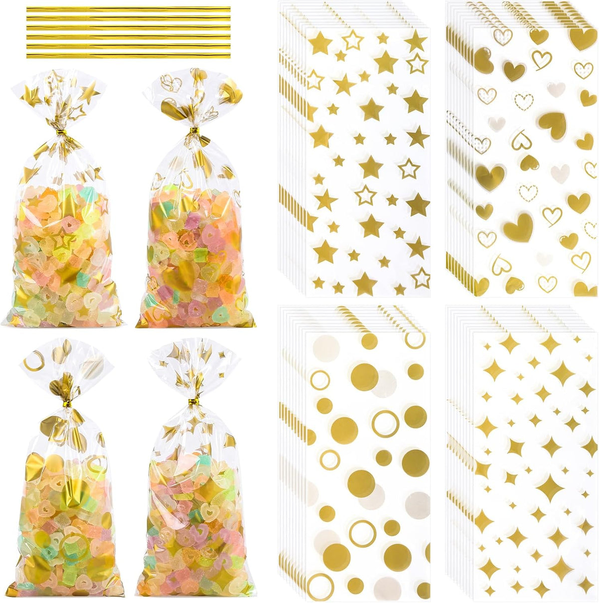 COQOFA 100 Pcs Gold 5"X11" Gift Wrap Cellophane Treat Bags Clear Party Favor Candy Cookie Bags Plastic Goodie Storage Bag with Twist Ties for Birthday, Wedding,Party Decorations(4 Patterns)