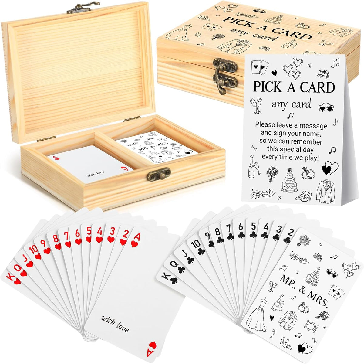 AceOrbit 57 Pack Wedding Party Guest Book Playing Cards Set with Wooden Box