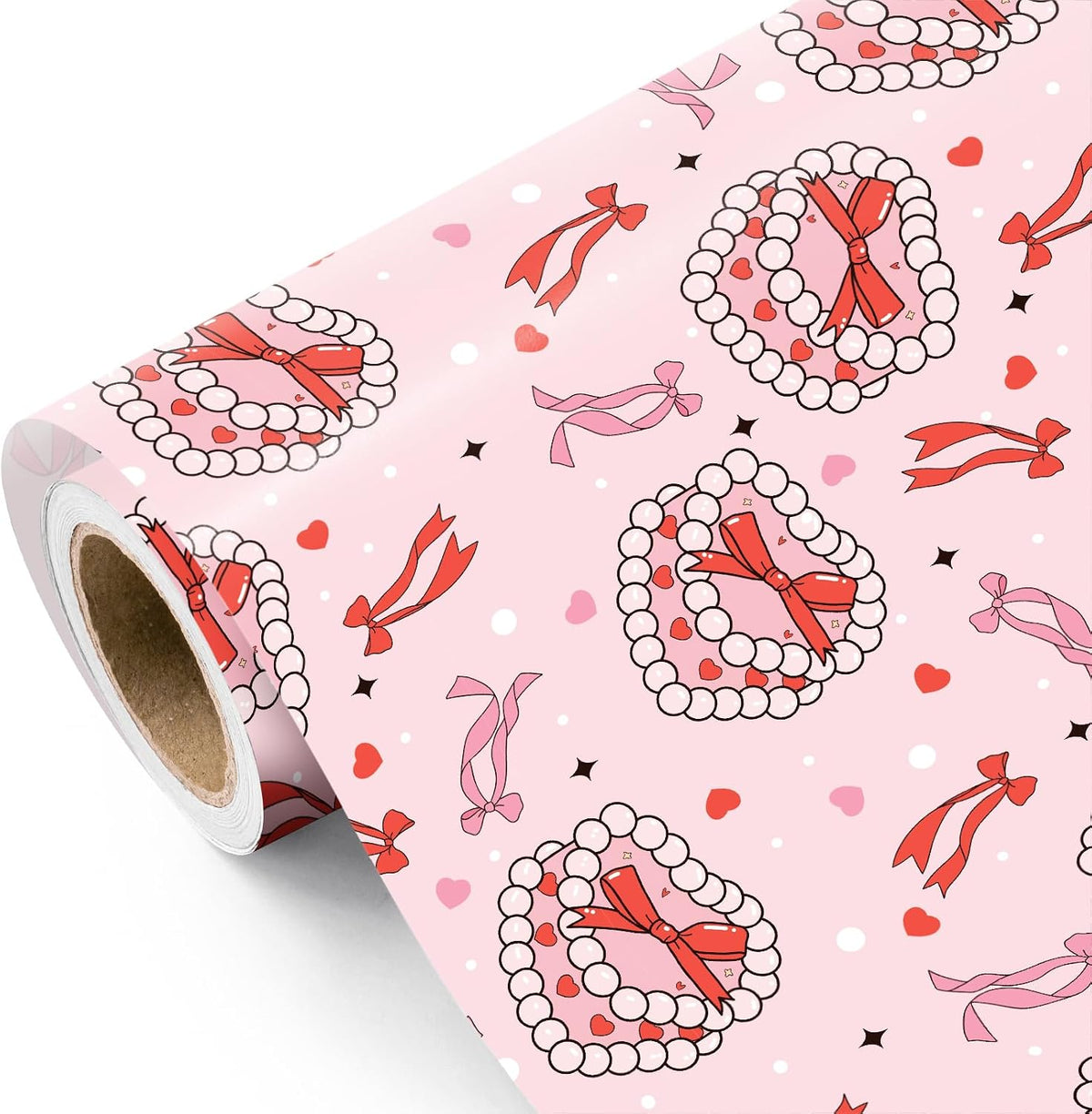 WRAPAHOLIC Valentines Day Wrapping Paper Roll - Mini Roll - 17 Inch x 16.5 Feet - Pearl Jewelry Box and Ribbon Bow Wrapping Paper for Valentine's Day, Wedding, Anniversary, Girl Women Birthday