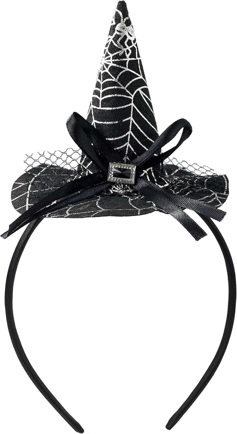 Spooktacular Creations Halloween Witch Hat Headband with Spiderweb Prints, Silver Wizard Headwear, Hair band for Adult Halloween Party Dress up Cosplay Costume Accessories Props