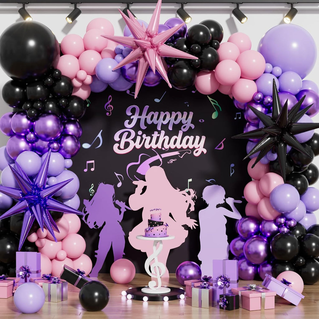 Pink and Purple Balloon Arch Garland Kit, 109PCS Pink Purple Black Balloons with Starburst Foil Balloons, Trendy Music Birthday Decorations for Girls and Teens, Concert and Movie Fans Party Supplies