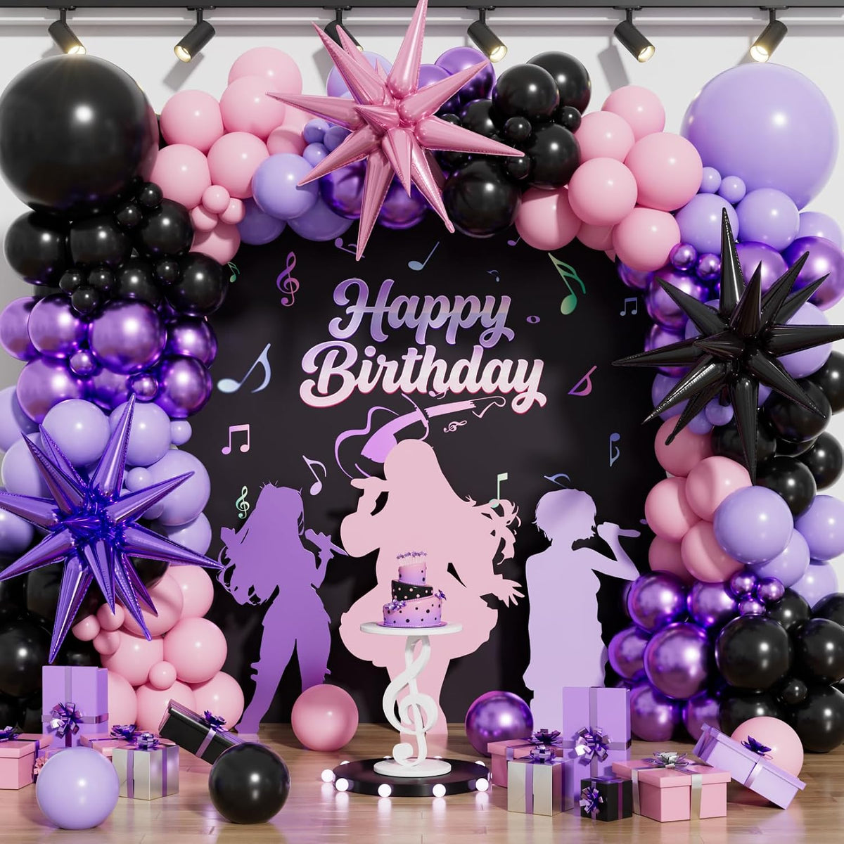 Pink and Purple Balloon Arch Garland Kit, 109PCS Pink Purple Black Balloons with Starburst Foil Balloons, Trendy Music Birthday Decorations for Girls and Teens, Concert and Movie Fans Party Supplies