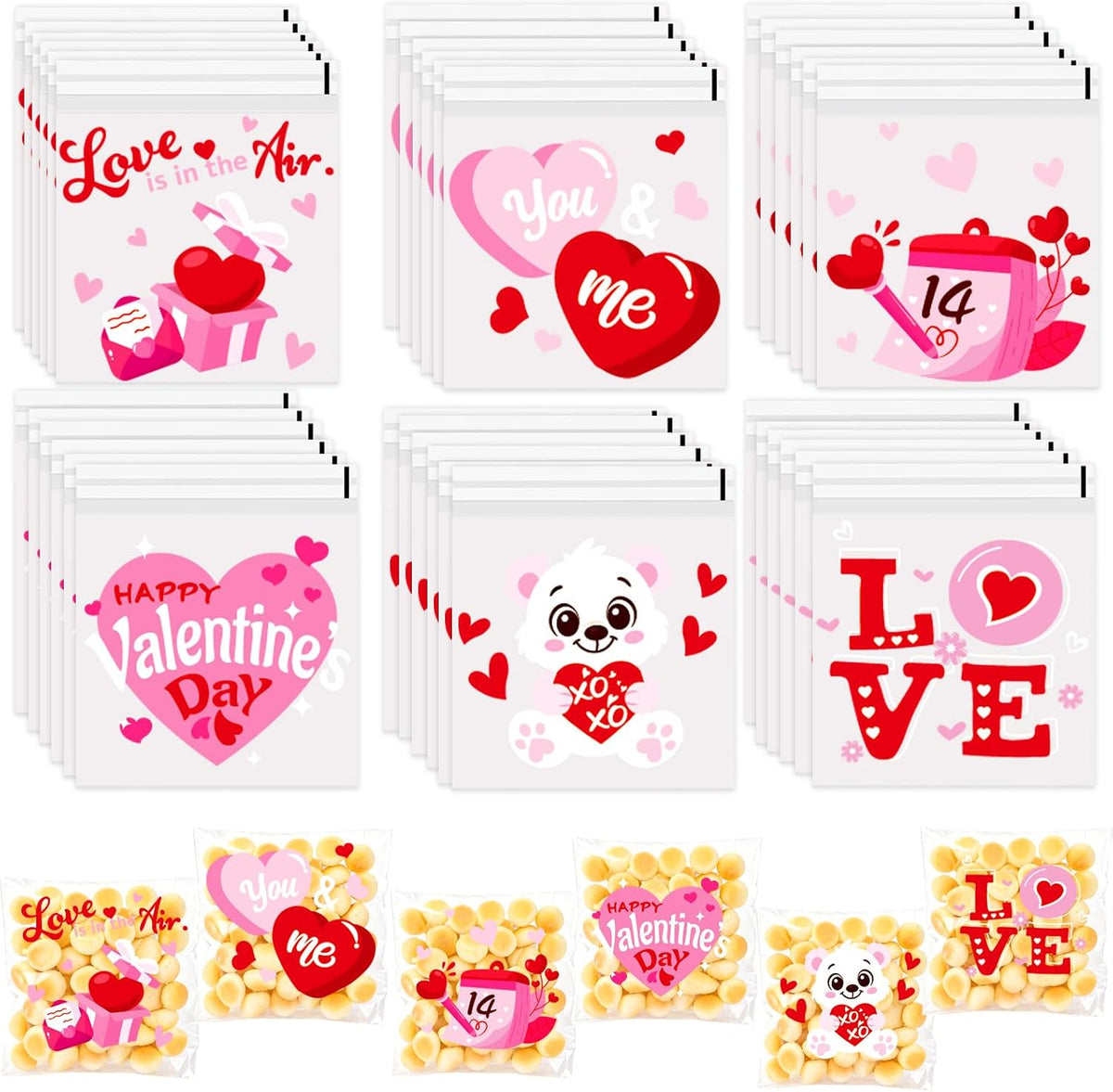 FOIMAS 300pcs Valentine's Day Cellophane Treat Bags Self Adhesive Candy Cookie Gift Bags Heart Goodie Bags for Valentine's Day Party Supplies