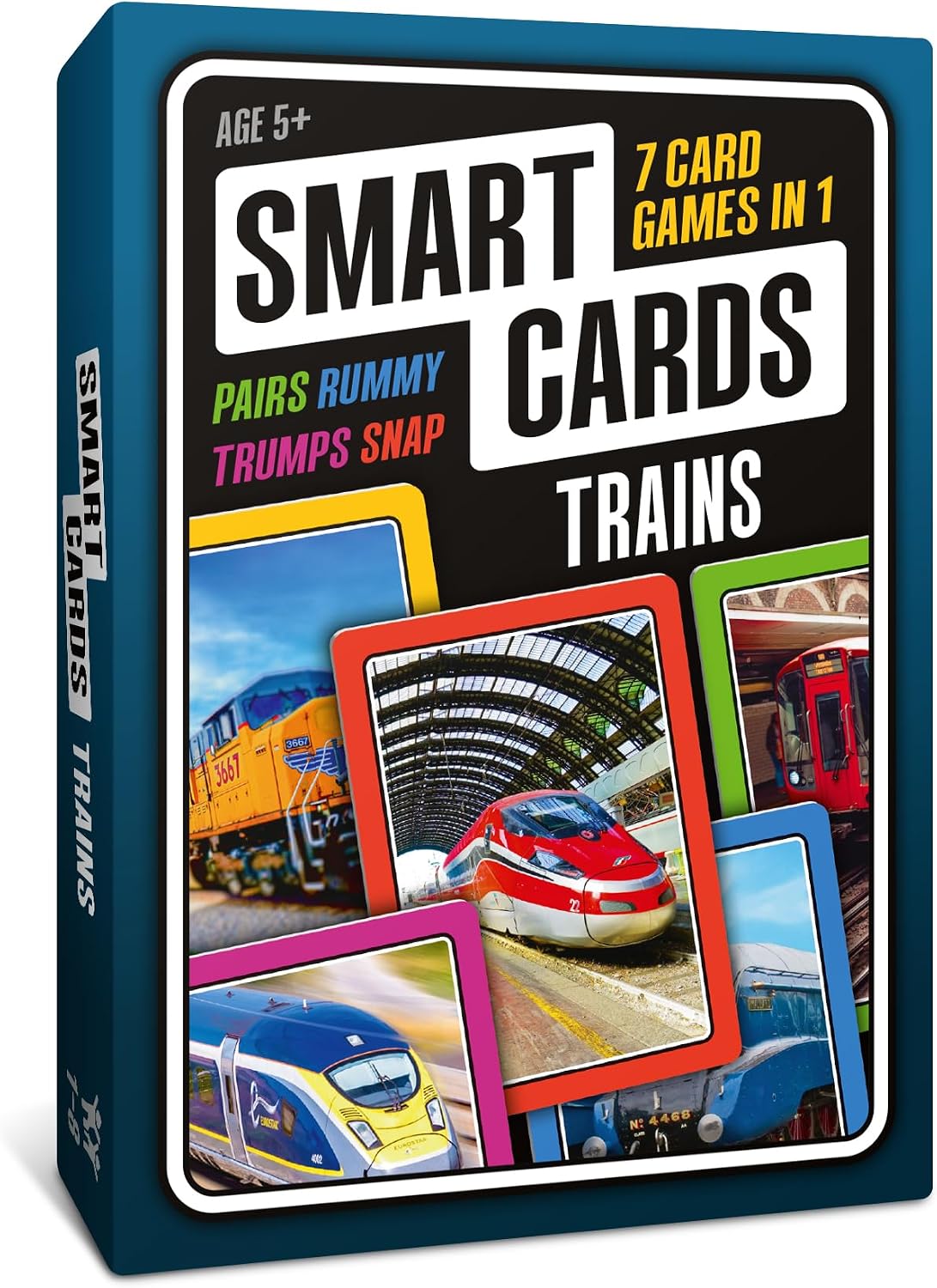 SMART CARDS Trains Card Game. 50 Cards, 7 Games; Pairs, Snap, Trumps, Rummy, Train Trivia Facts Quiz. Top Travel Games, Gift, Stocking Stuffer, Age 5+, 1-8 Players