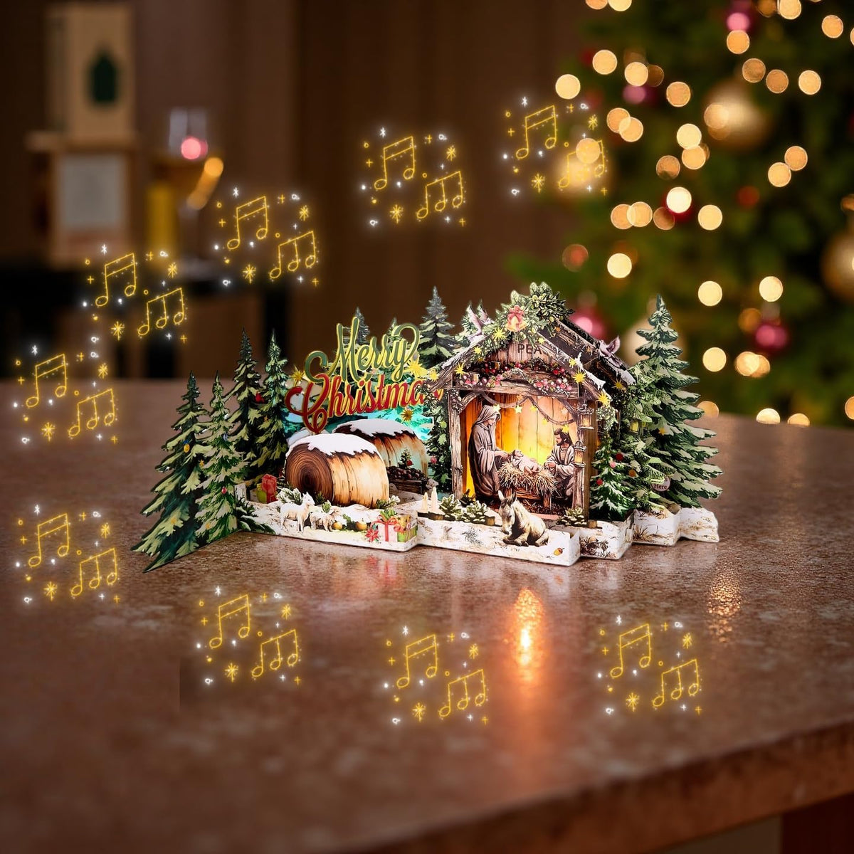 Musical 3D Pop-Up Christmas Card with LED Lights – Plays “Joy to The World”, Holy Night Scene with Baby Jesus, Mary and Joseph, LED Holiday Greeting Card with Envelope & Note Card
