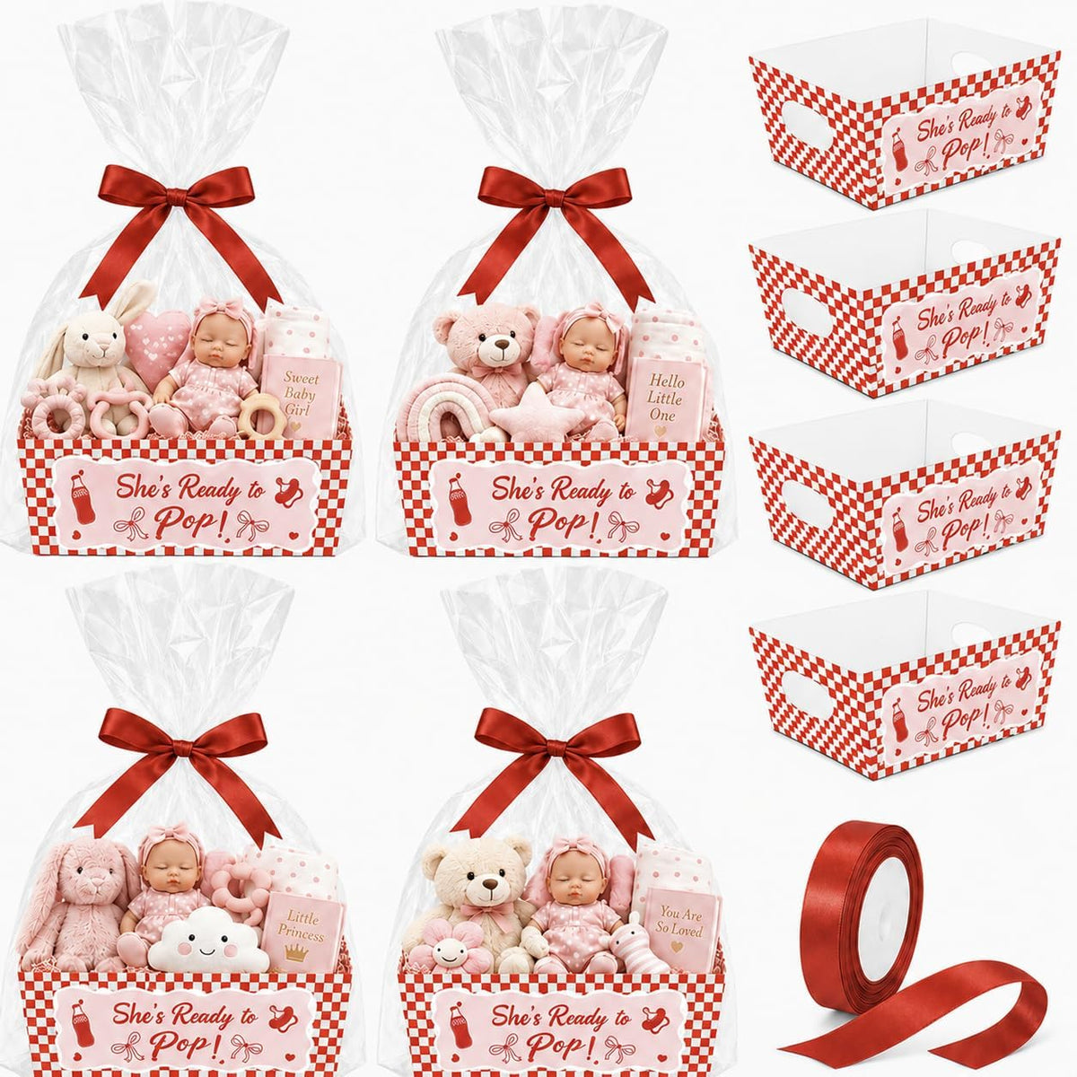 Cinrobiye 12 Pack Ready to Pop Baby Shower Favor Basket Set, Fill Your Own Party Favor Baskets with Clear Gift Bags & Ribbons, Empty Candy Gift Containers for Baby Shower, Gender Reveal, Birthday