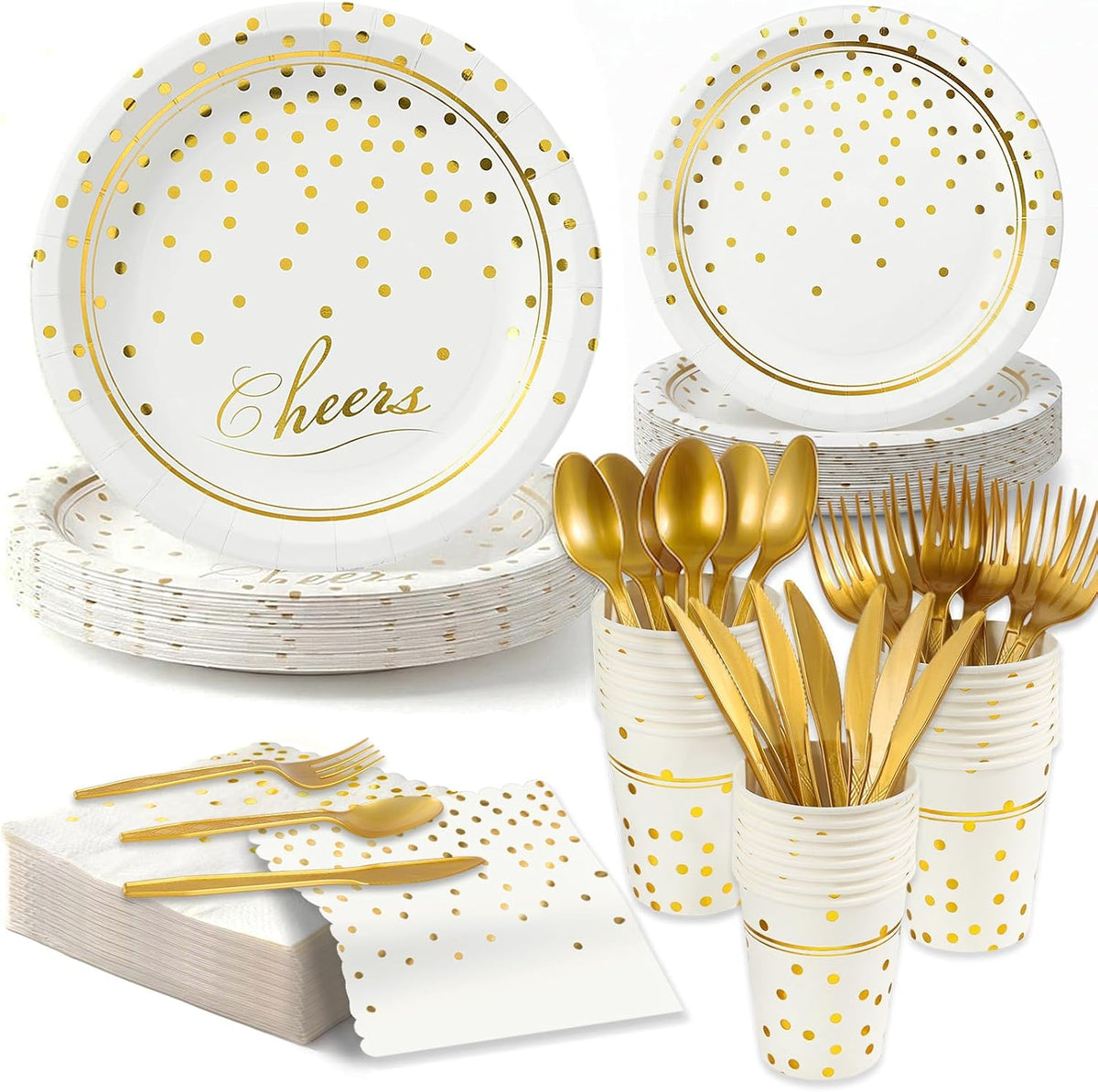 168Pcs White and Gold Paper Plates and Napkins Party Supplies for 24 Guest