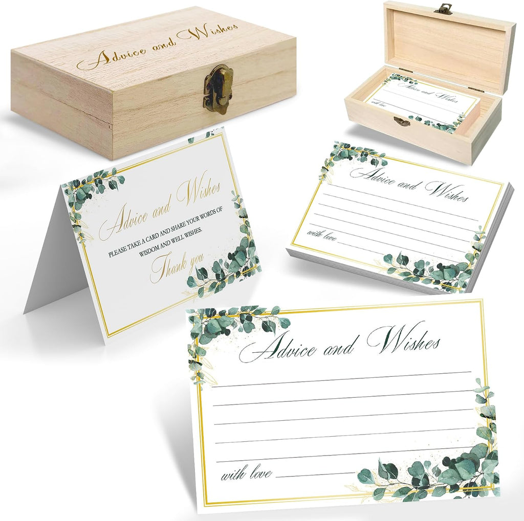 Eucalyptus Wedding Advice and Wishes Cards with Gift Box - 60 Greenery Marriage Advice Cards for Bride and Groom - Bridal Shower Games and Wedding Guest Book Alternative for Reception
