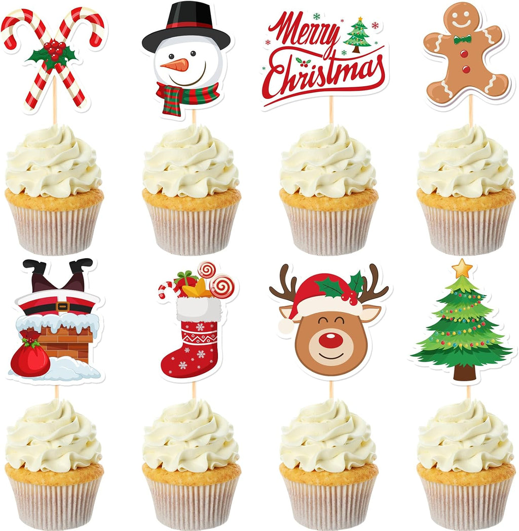 NEBURORA 64 Pieces Christmas Cupcake Toppers Santa Snowmen Cake Picks Merry Christmas Toothpick Flags for Party Decorations Supplies