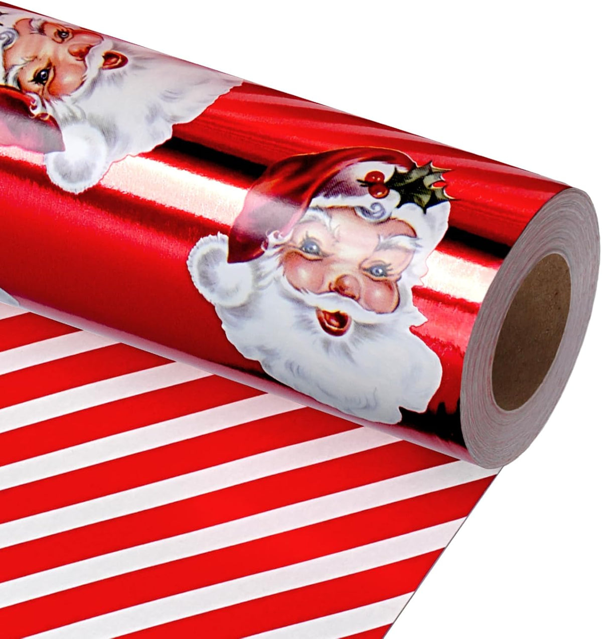 LaRibbons Vintage Santa Foil Christmas Wrapping Paper Jumbo with Red Stripe