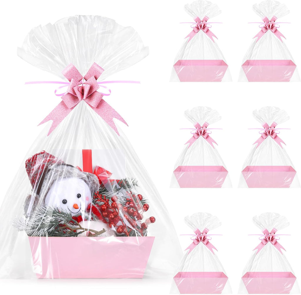 6 Pack Pink Baskets For Gifts Empty, 10x8x3.5" Thick Paper Basket with 6 Clear Bags and 6 Pink Bows, Empty Gift Baskets for Baby Shower Valentine Bridal Birthday Party Wrapping Gift