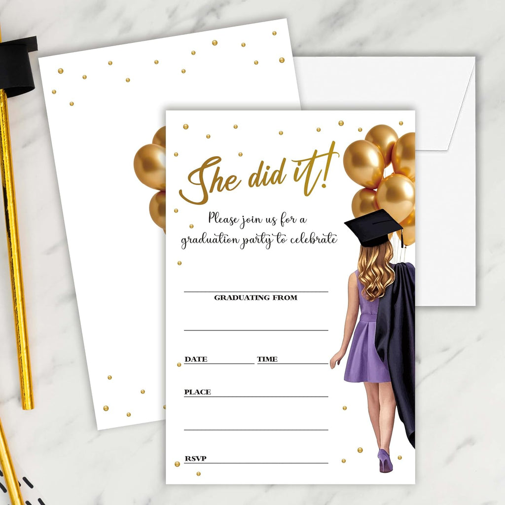 Graduation Invitations 2026, 25 Party Invitation Cards with Envelope, 4"x6" She Did It Grad Announcement Invites, Graduate Celebration Favor Supplies-A01