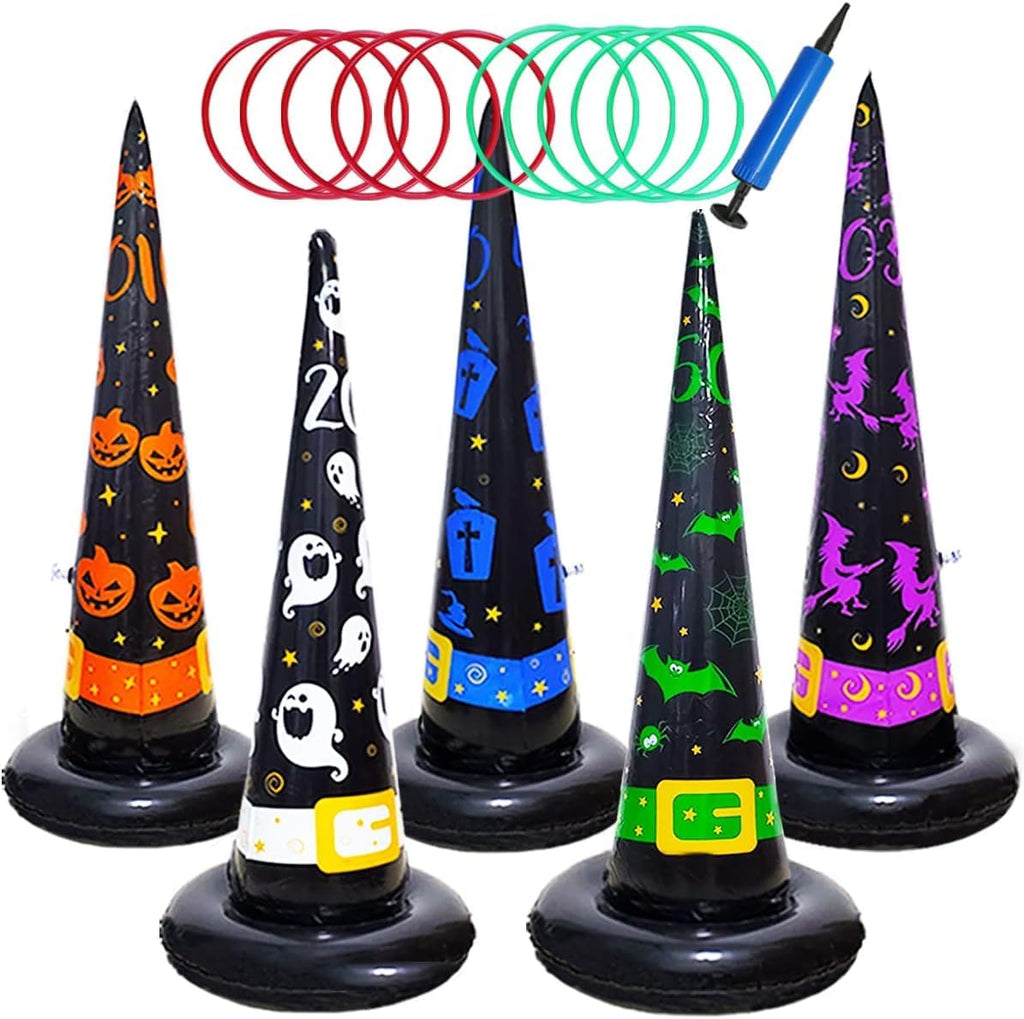 Poptrend 5PK Halloween Toys Halloween Games Inflatable Witch Hat Ring Toss Game, Inflatable Ring Toss Game with Air Pump. Games Toys for Kids Adults, Halloween Decorations (Witch Hat, 5PK)