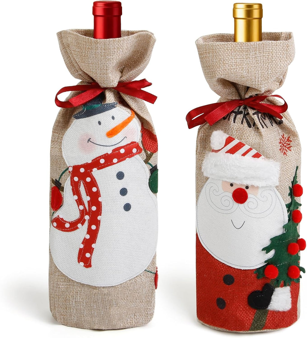 TEBIEKOY Christmas Wine Bags Festive Burlap Wine Bottle Gift Bags with Drawstring Reusable Wine Bottle Covers for Xmas Christmas Holiday Packaging for Wine, Champagne, Gifts & Party Decor (2-Pack)