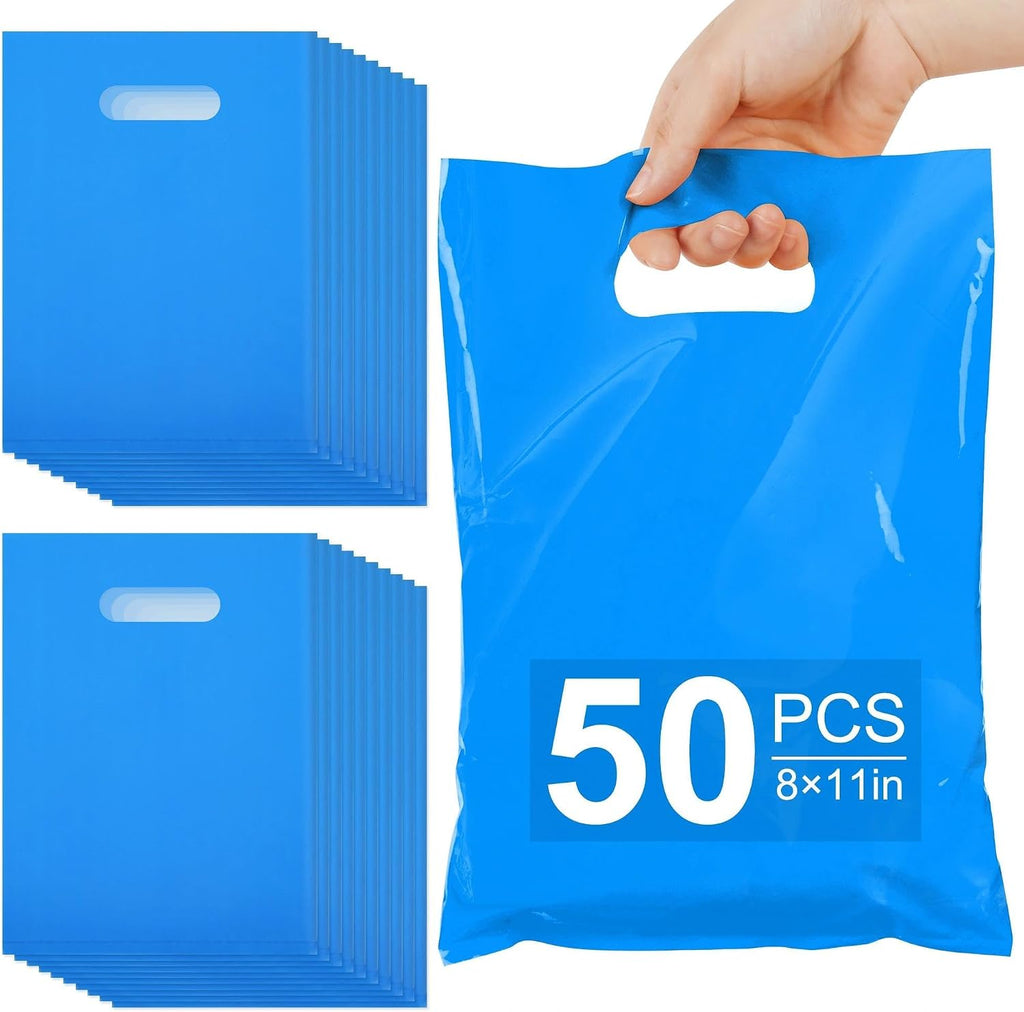 VieFantaisie 50 PCS Blue Party Favor Bags, 8" x 11" Goodie Bags for Candy Treat Craft Easter Egg, Plastic Gift Bag with Die Cut Handles for Birthday Party, School Events & Small Business, Wedding