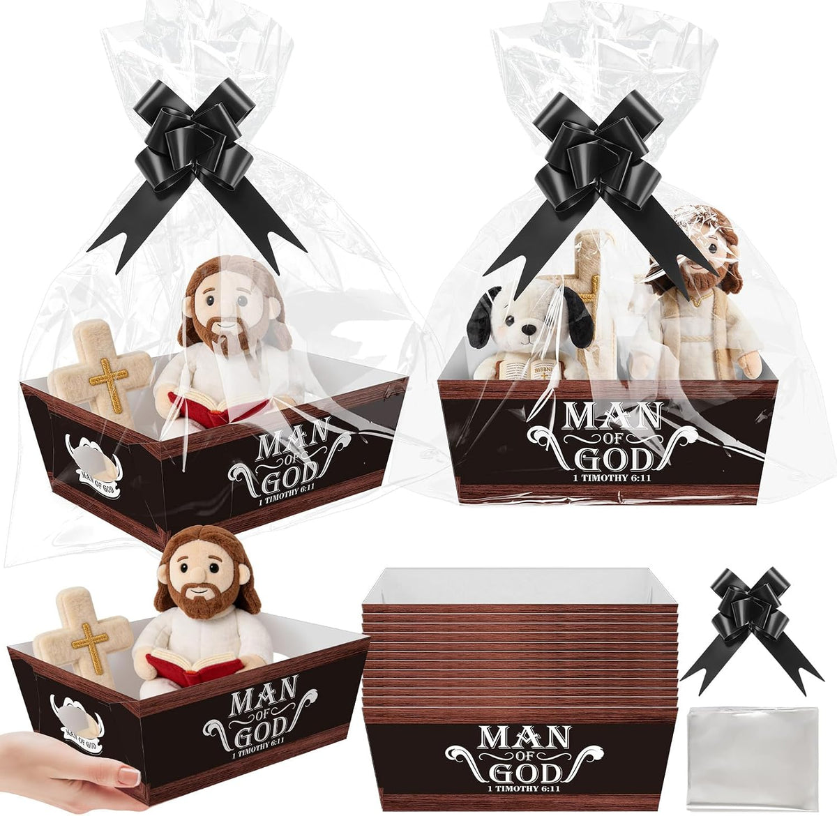 Cinrobiye 12 Pcs Grandparents Day Gifts for Grandpa, Christian Gift Basket Set with Man of God Bible Verse Trays, Clear Bags & Pull Bows, DIY Religious Gifts for Grandfather, Pastor, Church