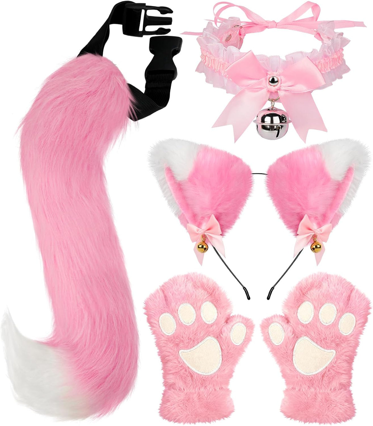 Cat Ears and Tail,Wolf Fox Ears Long Tail and Bell Lace Choker Set for Halloween,Animal Cosplay Party Costume