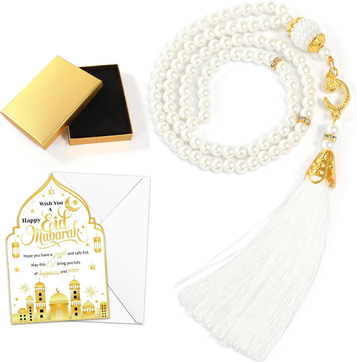 HOWAF Eid Gifts Set with Mosque Shape Card & Prayer Beads, Ramadan Mubarak Greeting Card with Envelope and Ramadan & Eid Pearl Zikirmatic Beads with Box, Islamic Present for Women, Muslim Celebration Gift Set