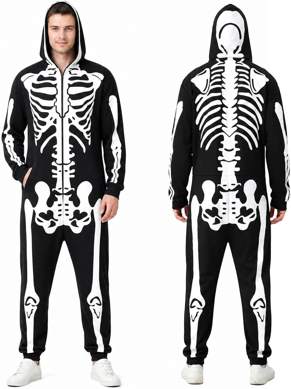 Skeleton Halloween Costume for Men & Women, Double-Sided Zip Hood Jumpsuit