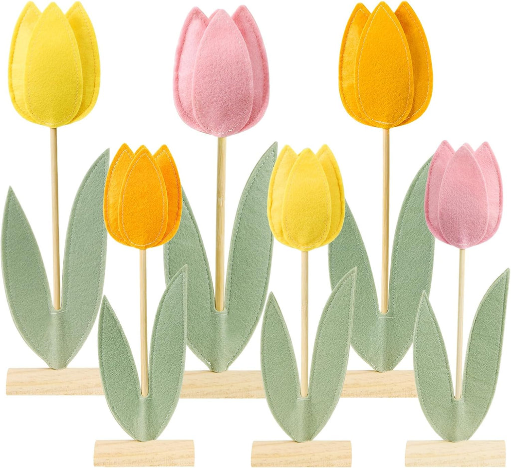 Paper Jazz 6 Pcs Tulip Centerpiece for Table Spring Felt Tulip Decoration for Home Easter Tulips Flower Signs Floral Centerpieces for Mothers Day Easter Party Classroom Garden Party
