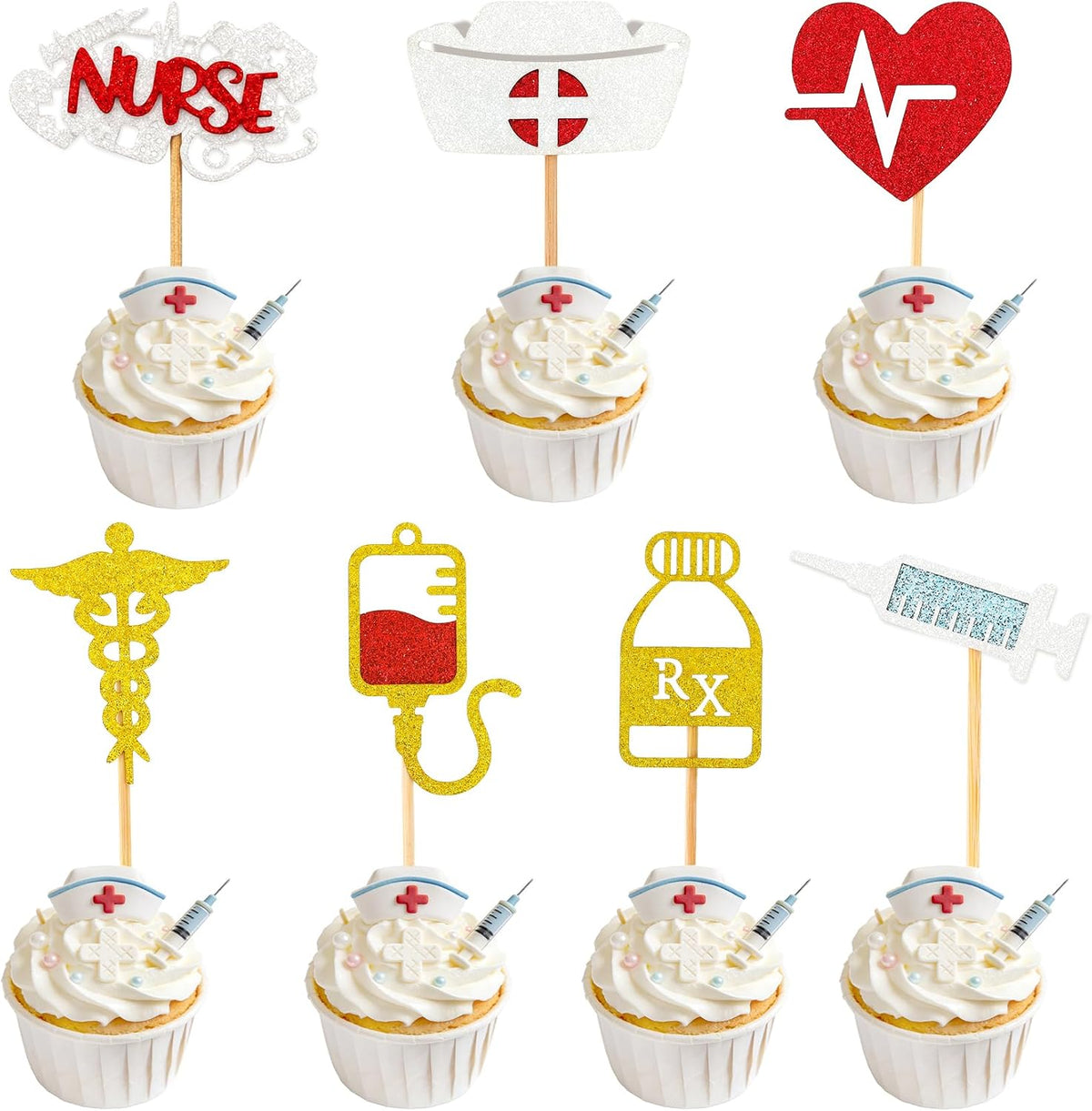 28 PCS Nurse Cupcake Toppers, Glitter Nurses Week Cupcake Picks, Nursing School Graduation Food Picks Cupcake Toppers Cake Decorations for National Nurse Day Nursing Graduation Congrats Party Supplies